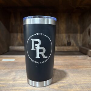 Black tumbler with "The Rustic Ranch" logo.